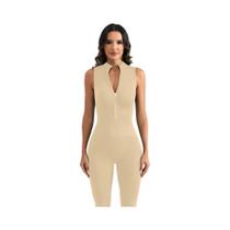 Macacão Feminino Sem Mangas Com Zíper Frontal Para Yoga E Treino, Sem Costura, Justo Ao Corpo, Peça Macacão Feminino Sem Mangas Com Zíper Frontal Para Yoga E Treino, Sem Costura, Justo Ao Corpo, Peça