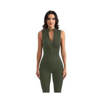 Macacão Feminino Sem Mangas Com Zíper Frontal Para Yoga E Treino, Sem Costura, Justo Ao Corpo, Peça Macacão Feminino Sem Mangas Com Zíper Frontal Para Yoga E Treino, Sem Costura, Justo Ao Corpo, Peça