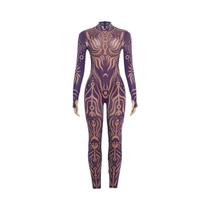 Macacão Feminino Sexy Com Estampa Fashion, Gola Alta, Manga Longa, Transparente, Justo, Estilo
