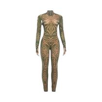 Macacão Feminino Sexy Com Estampa Fashion, Gola Alta, Manga Longa, Transparente, Justo, Estilo