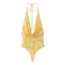 Macacão Feminino Slim Fit Com Decote Em V, De Seda E Malha, Estampado, Com Alças, Para O Verão.