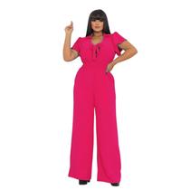 Macacão Feminino Social Pantalona Longo Manga Curta Elegante Perna Larga Verão Confortável Moda