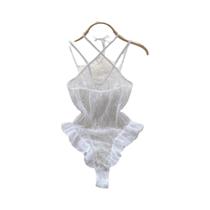 Macacão Feminino Transparente Com Renda, Babados E Alças Cruzadas, Estilo Halter, Sem Costas, Pijama Macacão Feminino Transparente Com Renda, Babados E Alças Cruzadas, Estilo Halter, Sem Costas, Pijama