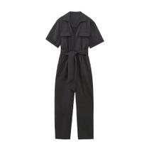 Macacão Feminino Vintage Com Cinto E Zíper Frontal, Manga Curta, Bolsos Laterais, Playsuit Fashion Macacão Feminino Vintage Com Cinto E Zíper Frontal, Manga Curta, Bolsos Laterais, Playsuit Fashion