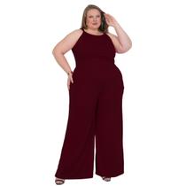 Macacão feminino viscolycra de alças amarração nas costas gola redonda acinturada pantalona reta cos alto com bolsos forrado slim plus size 40 ao 64