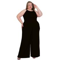 Macacão feminino viscolycra de alças amarração nas costas gola redonda acinturada pantalona reta cos alto com bolsos forrado slim plus size 40 ao 64
