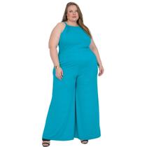 Macacão feminino viscolycra de alças amarração nas costas gola redonda acinturada pantalona reta cos alto com bolsos forrado slim plus size 40 ao 64