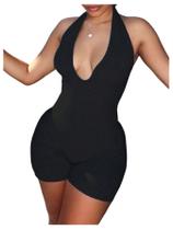 Macacão feminino WDIRARA com decote em V profundo, sem mangas, preto, pequeno Macacão feminino WDIRARA com decote em V profundo, sem mangas, preto, pequeno