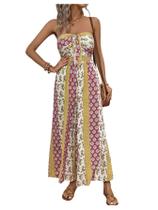 Macacão feminino WDIRARA com estampa boho sem alças, perna larga, amarelo Macacão feminino WDIRARA com estampa boho sem alças, perna larga, amarelo