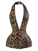 Macacão feminino WDIRARA de lantejoulas, leopardo, sem encosto, marrom Macacão feminino WDIRARA de lantejoulas, leopardo, sem encosto, marrom