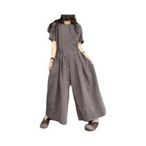 Macacão Feminino Xadrez De Pernas Largas ZANZEA Manga Curta Com Cintura Plissada E Gola Redonda,