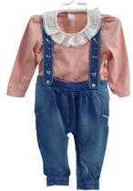 Macacão Finta Suspensório Jeans Bebê Menina Paraiso Rf 12982