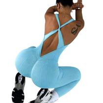 Macacão Fitness Canelado Empina Bumbum Costas Decote em V Push Azul Água M127