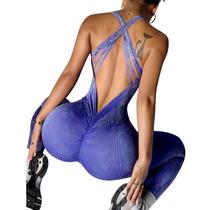 Macacão Fitness Canelado Empina Bumbum Costas Decote em V Push Cores M005