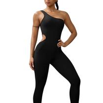 Macacão Fitness Estiloso Alça Unilateral Recortes Assimétricos Conforto e Elasticidade Preto M317