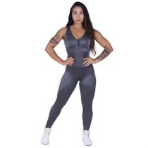 Macacão Fitness Feminino Cirrê Brilho Proteção UV50+ Tiras Costas Bojo Orbis CHUMBO Macacão Fitness Feminino Cirrê Brilho Proteção UV50+ Tiras Costas Bojo Orbis CHUMBO