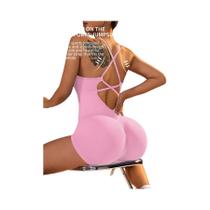Macacão Fitness Feminino Sexy Sem Costas Ajustável Com Shorts Franzidos Para Yoga E Esportes