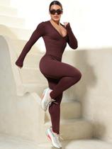 Macacão Fitness Longo Feminino Canelado Academia Treino e Casual Decote V Modelador Cor:MarromTamanho:P/M