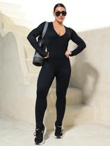 Macacão Fitness Longo Feminino Canelado Academia Treino e Casual Decote V Modelador Cor:PretoTamanho:G/GG