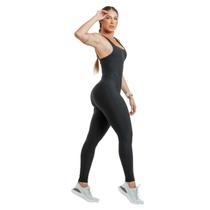Macacão Fitness Longo Poliamida Alta Compressão Decote Quadrado Aberto Costas Alças Elásticas UV50+