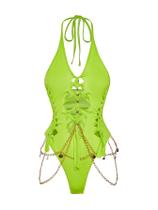 Macacão Floerns Gothic Cut Out Lace Up Halter Rave Verde Neon Macacão Floerns Gothic Cut Out Lace Up Halter Rave Verde Neon