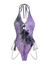 Macacão Floerns, recorte gótico, cadarço, gola alta, roxo, preto, feminino