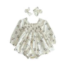 Macacão Floral de Outono para Bebês - Com Faixa de Cabeça e Estilo Ins Macacão Floral de Outono para Bebês - Com Faixa de Cabeça e Estilo Ins