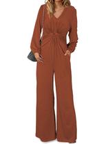 Macacão Happy Sailed com decote em V torcido na frente, manga comprida, marrom