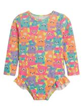 Macacão Infantil Bebê Menina Maiô Manga Longa Proteção UV50 Detalhes de Babadinho Estampa de Ursinho