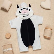 Macacão Infantil Curto Com Capuz Bordado Vaquinha Creme