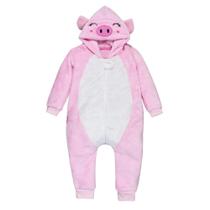 Macacão Infantil Fleece Até 24 Meses Capuz Bordado Porquinha Rosa
