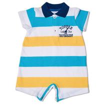 Macacão Infantil Gola Polo Listrado Toffee Cor Branca Azul - 9 a 12 meses