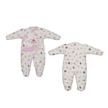 Macacão Infantil Malha Canelada Branco Rosa Urso Alto Relevo