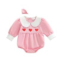 Macacão Infantil Para Meninas, Macacão Com Bordado De Coração, Manga Comprida, Gola De Boneca, Com