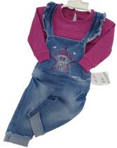 Macacão Jardineira Jeans + Body Bebê Menina Paraiso Rf 12978