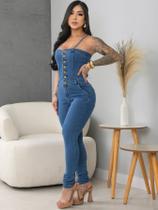 Macacao Jardineira Jeans Feminina Com Alças Levanta Bumbum - SELLERPRIMIUM