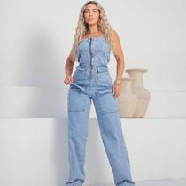 Macacão Jeans Feminino Cargo com Zíper na Frente Elástico nas Costas e Bolsos Funcionais sem alça Macacão Jeans Feminino Cargo com Zíper na Frente Elástico nas Costas e Bolsos Funcionais sem alça