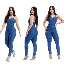 Macacão Jeans Feminino Longo Calça Com Lycra Elastano Jardineira Premium - apegodesapegoetc