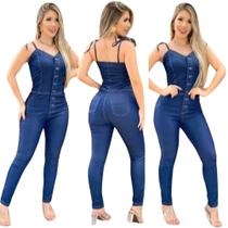 Macacão Jeans Feminino Longo Calça Com Lycra Elastano Jardineira Premium - Apegoetc
