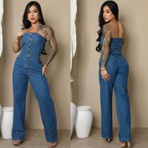 Macacão Jeans Feminino sem alça com Lastex nas Costas