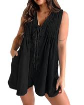 Macacão jeans feminino, shorts, sem mangas, gravata frontal Macacão jeans feminino, shorts, sem mangas, gravata frontal