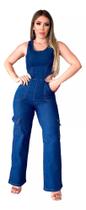 Macacão Jeans Feminino Wideleg Cargo - Com Lycra - Novidade Macacão Jeans Feminino Wideleg Cargo - Com Lycra - Novidade