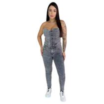 Macacão Jeans longo com lycra Feminino levanta bumbum