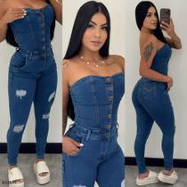 Macacão Jeans Longo Sem Alça Com Rasgos Pimenta Doce Original Macacão Jeans Longo Sem Alça Com Rasgos Pimenta Doce Original