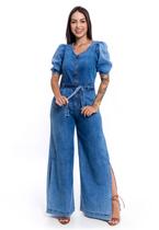 Macacão Jeans Pantalona Manga Bufante Sem Elastano