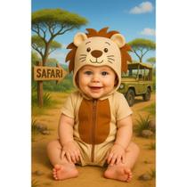 Macacão leão safari bebê selva aniversário bordado verão aldodão suedine com ziper e capuz