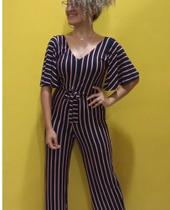 Macacão listrado azul com manga elastano com malha