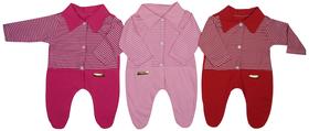 Macacão Listrado Bebê Recém-nascido Menina - Kit Com 3 Unidades Cores Rosa/Pink/Vermelho
