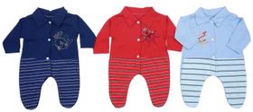 Macacão Listrado Bebê Recém-nascido Menino - Kit Com 3 Unidades Cores Azul/Vermelho/Azul Marinho