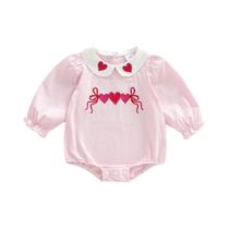 Macacão Listrado Para Bebês Meninas Com Bordado De Coração E Gola De Boneca, Macacão De Manga Longa